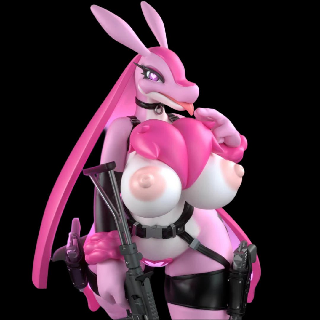 Close-up of stylised anthro bunny resin figure with confident smirk, holding tactical gear and partially revealing exaggerated anatomy beneath a sculpted heart-shaped chestplate. Features glossy two-tone pink finish, expressive eyes, and fine detail on strapping and accessories.