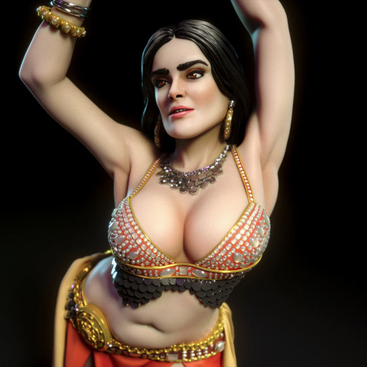 Detailed close-up of belly dancer resin figure featuring realistic facial sculpt, ornate metallic necklace, and beaded bra. Stylised human collectible for mature audiences.