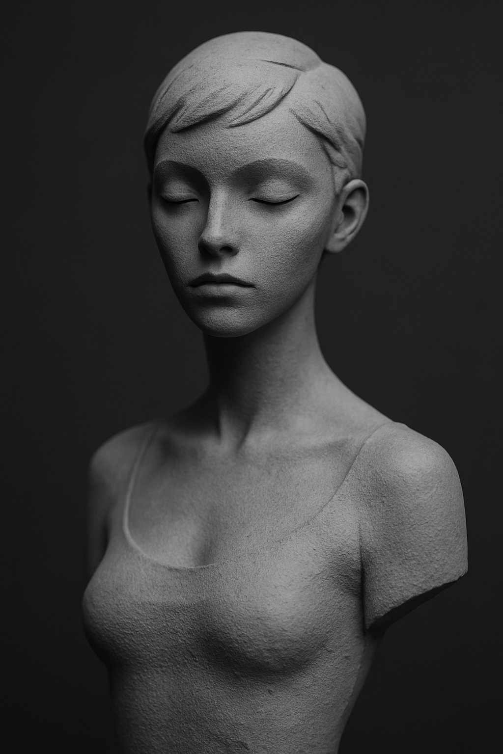 Grayscale close-up of a boutique resin female figure, captured in studio lighting. Minimalist design with clean sculptural details, symbolising curated artist-made work for collector display.