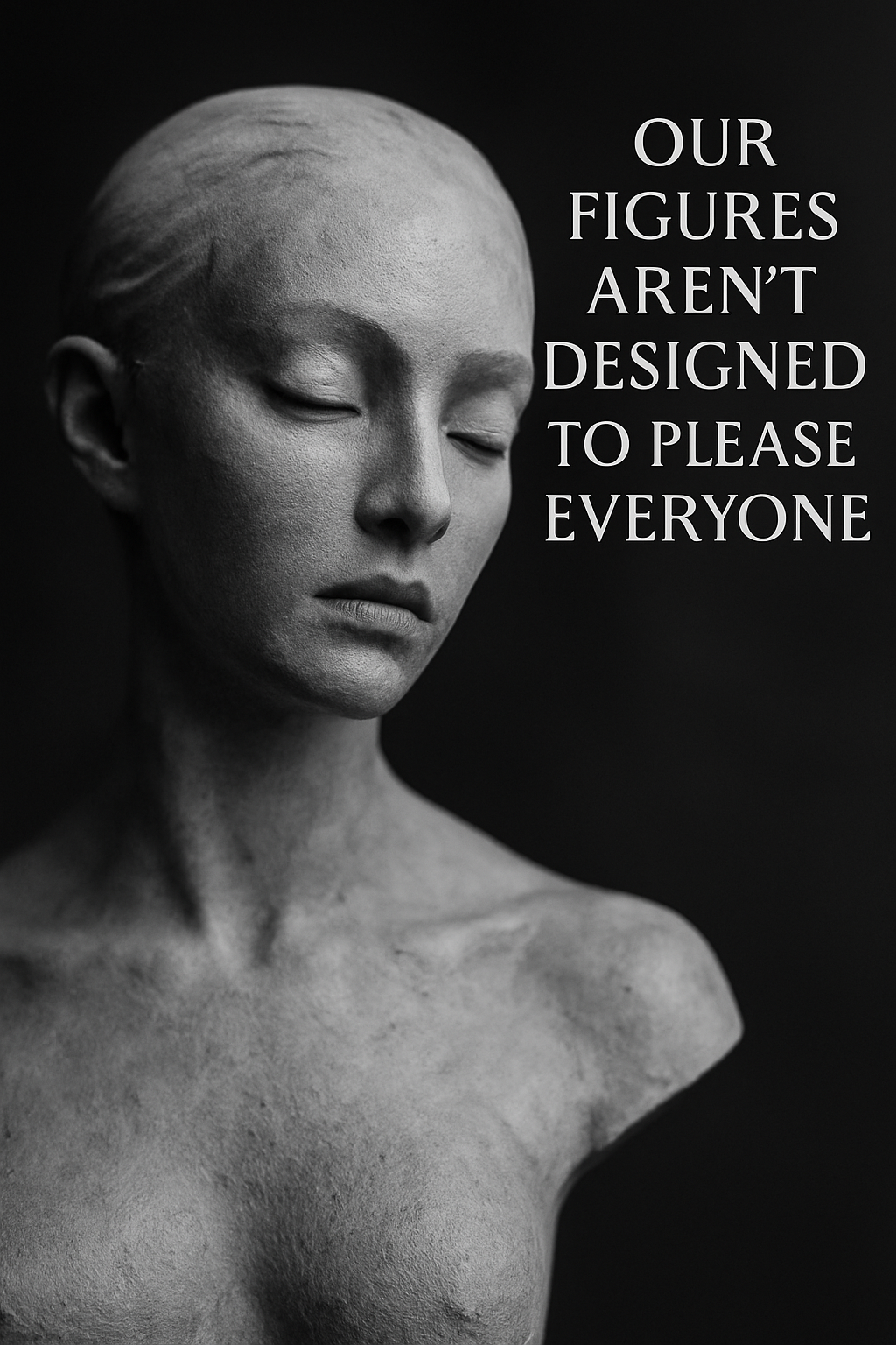 Grayscale close-up of a sculpted female bust with closed eyes and minimalist features. Textured resin surface highlights artistic imperfection and form clarity. Suitable for boutique resin collectible display.