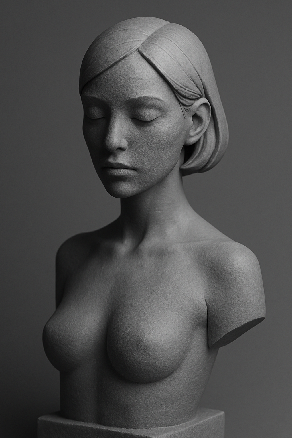 Grayscale photograph of a sculpted female bust made from solid resin. Features a smooth, minimalist finish with subtle shadows across the upper torso and face. Collector-grade form highlighting physical presence.