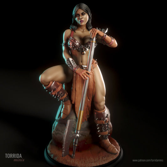Unmasked female executioner miniature seated in relaxed guard stance with bare head, layered armour, and leather straps. Ideal for painting or boutique collector shelves.