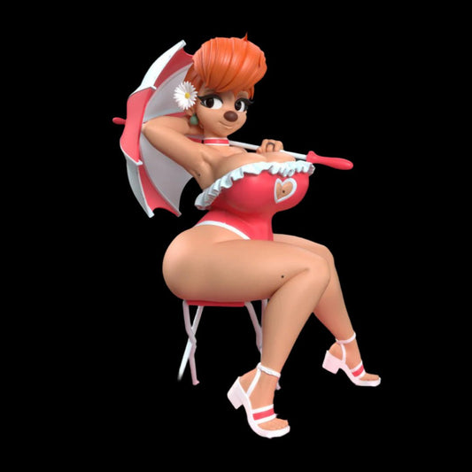 Pinup anthro resin figure seated confidently with legs crossed, wearing a heart-accented red swimsuit, high heels, and holding a parasol. Detailed expression and retro styling evoke a vintage beach aesthetic
