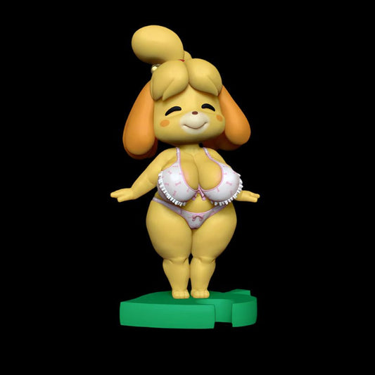 Chubby stylised anthro pup figure posed with arms open, wearing printed bikini with ruffle detail. Figure features rounded proportions, soft expression, and a green base platform.