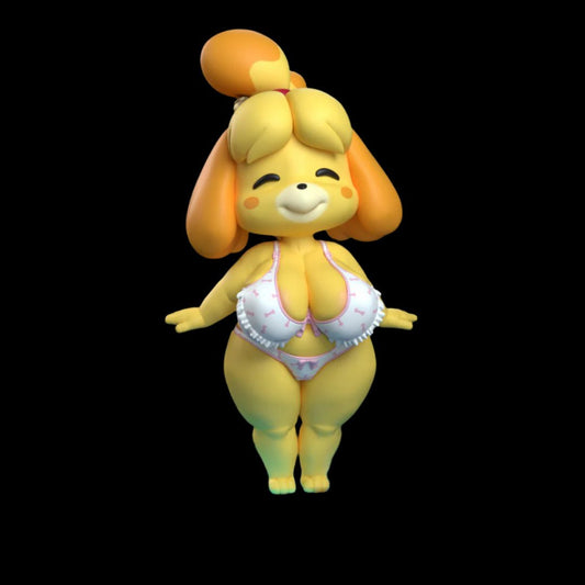 Anthro dog girl collectible figure with a curvy build, posed standing upright in a soft, smiling expression. Wearing a light pink frilled bikini with subtle bow patterns, hair tied in a high bun. Stylised proportions and cheerful design ideal for boutique display or hand-painted customisation.