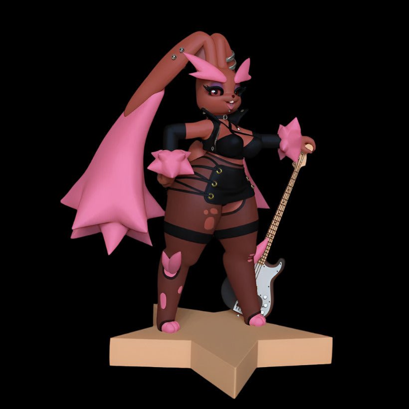 Anthro bunny girl collectible posed on a star-shaped base with an electric guitar. Features a confident stance, spiked piercings, and strappy black stage outfit with metallic details.