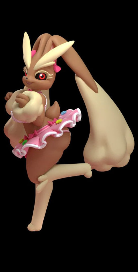 Single anthro bunny girl resin figure posed in a balletic stance with one leg lifted, wearing a ruffled pink-and-white skirt with floral details and holding a cream-coloured pastry. Features long vanilla-toned ears, red eyes, and a whimsical dessert theme.