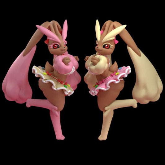 Twin anthro bunny girl collectible figures posed mid-step, wearing frilly dessert-inspired skirts with whipped cream and fruit accents. One sculpt features strawberry-pink tones, the other vanilla-cream palette. Designed for boutique collectors with a playful, fantasy patisserie theme.