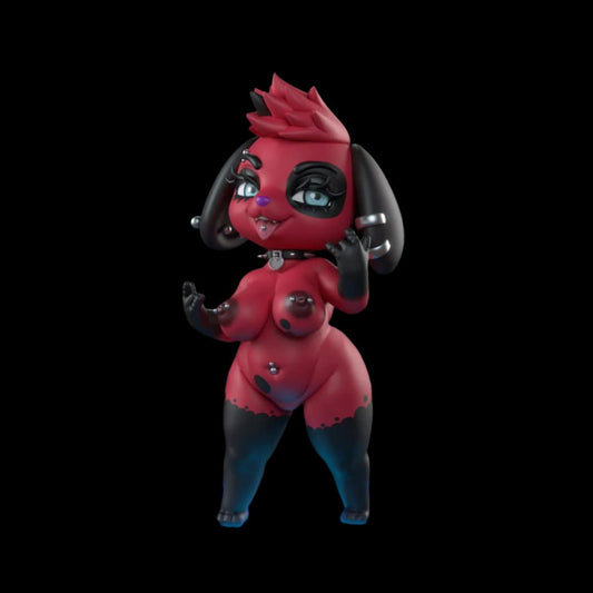 Edgy anthro bunny resin figure with red and black split-tone palette, piercings, and confident pose.