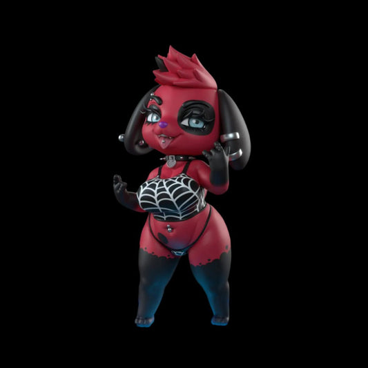 Anthro puppy girl collectible with gothic spiderweb top, dual-tone red and black body, and bold silver piercings. Features stylised proportions, mohawk hairstyle, and a confident stance for mature figure collectors