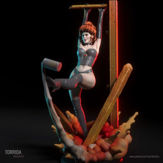 Full figure view of dynamic resin statue posed upside-down mid-swing, surrounded by burst base debris. Character is styled with corset, thigh-high boots, and a playful, chaotic energy.