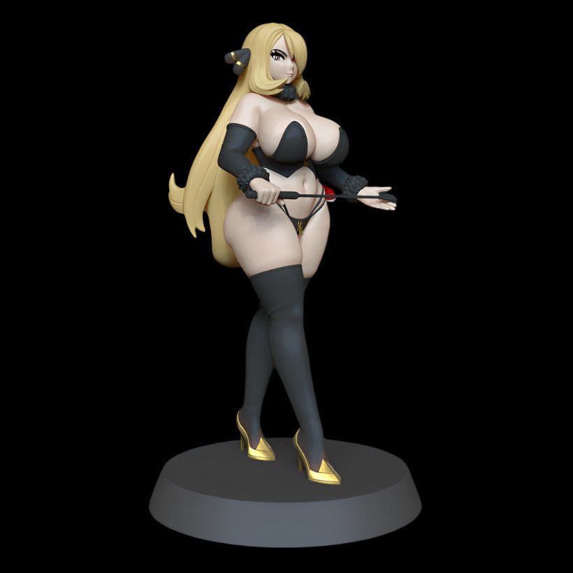 Figure of a confident, curvy woman posed with a crop in hand, wearing high-contrast black and gold heels, stockings, and detailed lingerie. Long flowing hair and minimal base accentuate her dominant presence. Premium adult art statue ideal for display collectors.