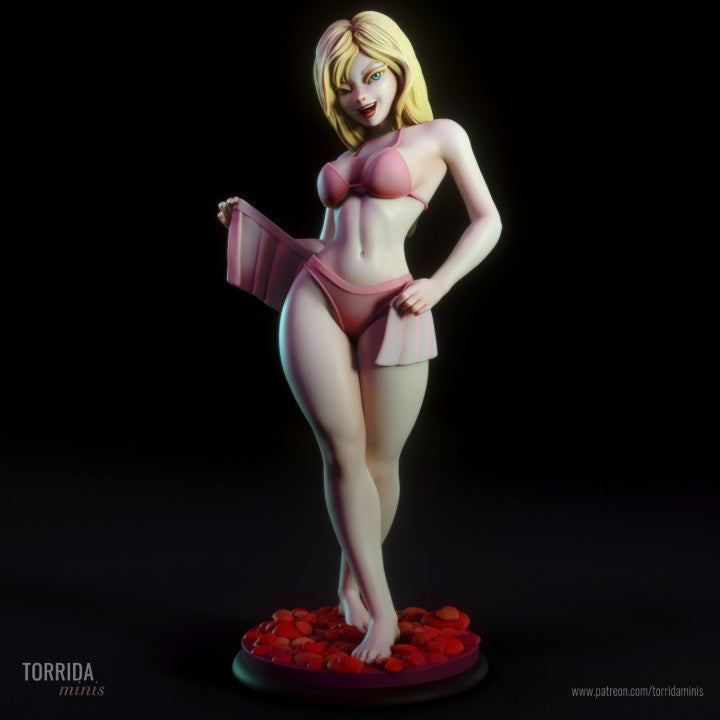 1/10 scale stylised pinup resin figure posed upright with lifted pleated skirt, bold cartoon proportions, and confident grin. Boutique adult collectible with smooth surfaces for custom painting or display.