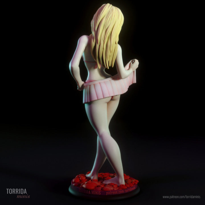 Rear view of fantasy blonde resin pinup statue with cheeky lifted skirt, stylised body lines, and smooth long hair. Ideal for resin display collectors or 32mm stylised paintwork.