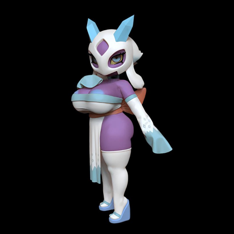 Elegant ghostly ice figure in a fitted kimono-style dress with icy blue accents and wedge heels. Stylised collectible with a mask-like face and confident pose, tailored for mature fantasy art displays.