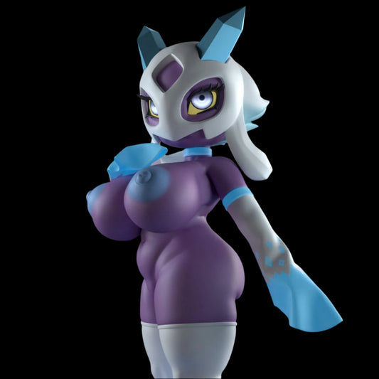 Stylised ghostly character in a sleek bodysuit with glowing eyes and icy blue horns, posed confidently under ambient blue lights. Premium resin figure with smooth surface finish and bold silhouette.