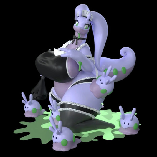 Fantasy slugmaid resin statue in a modest maid outfit with high-contrast apron overlay, surrounded by matching mini slime creatures. Playful lilac palette with gooey display base and stylised curves.