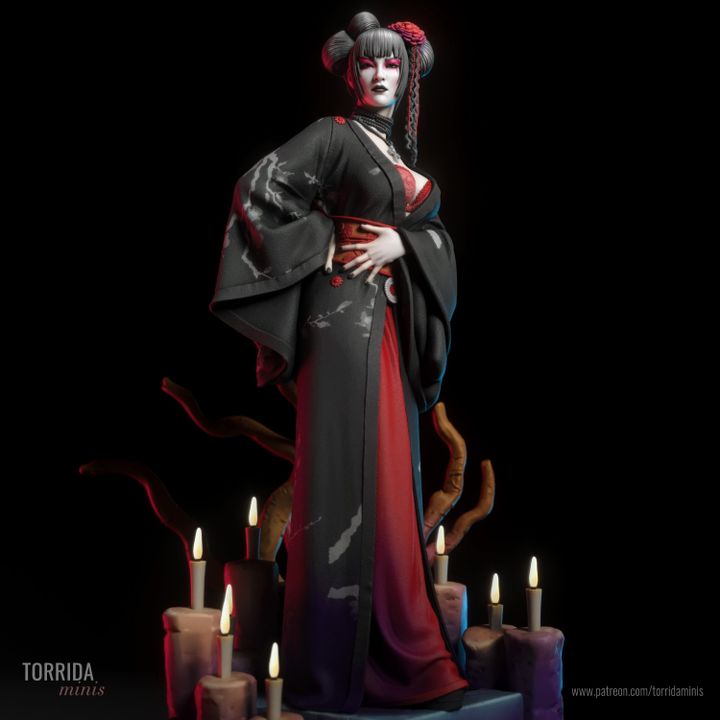 Full view of gothic priestess figure in layered kimono, posed confidently on a base of ritual candles and twisted roots. Solid resin miniature with stylised anatomy and flowing fabric ideal for fantasy or dark shrine-themed display.