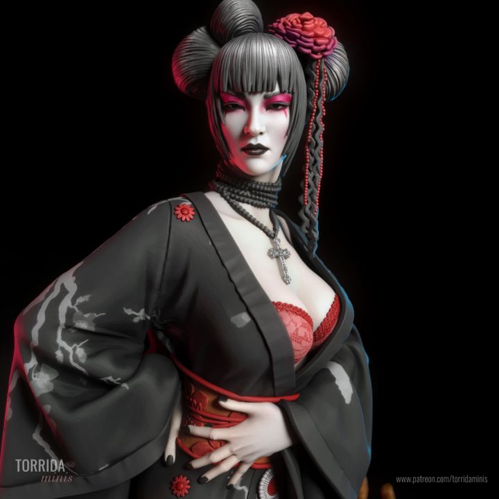 Close-up of stylised resin mini of a gothic shrine maiden with twin hair buns, bold eye makeup, and a cross necklace. Robed in black and crimson with floral accents and braided cords. Boutique fantasy figure suitable for adult collectors or fine detail painting.
