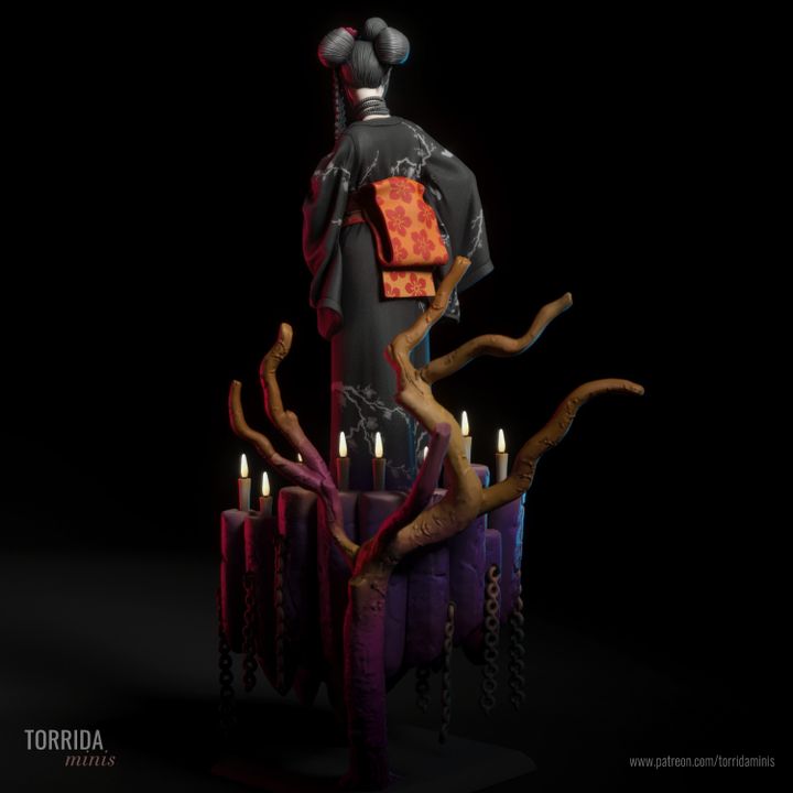 Rear shot of robed figure with ornate red-and-gold obi sash and twin-bun hairstyle. Tentacle-like roots wrap around the base with upright candles. Designed for high-end painting or display in horror-fantasy collections.