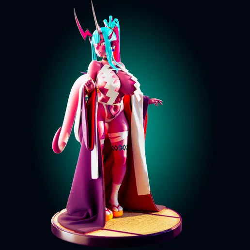 Solid resin demon queen figure in a flowing kimono, horns raised, tail curled behind. Stylised fantasy anatomy with confident stance. Ideal for boutique display or painting.