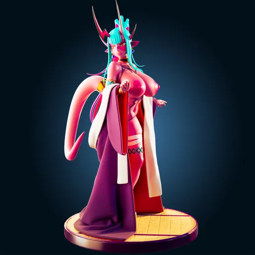 Resin demon girl sculpt with open kimono and detailed stylised anatomy. Long horns and sculpted tail with strong pose. Designed as an adult collectible art piece.