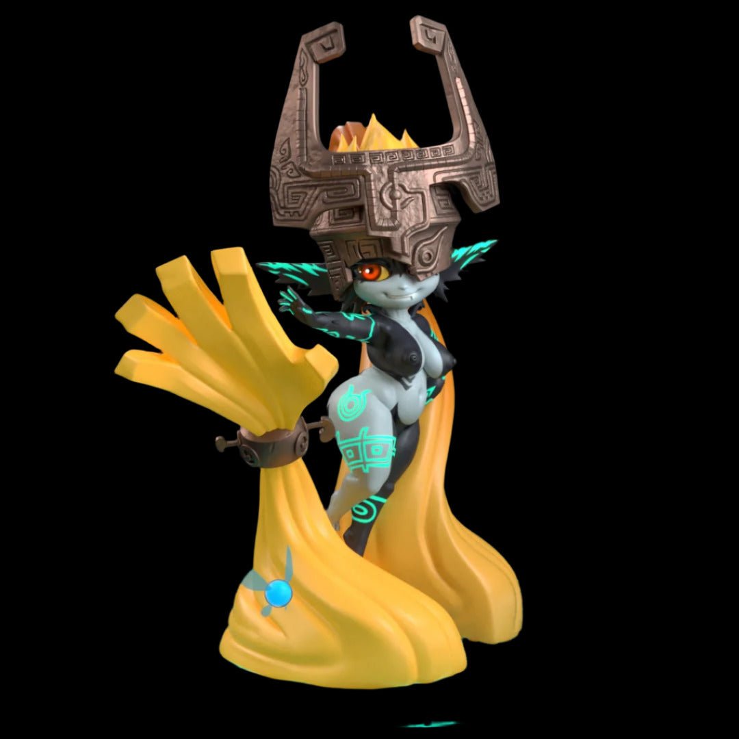 Fantasy imp figure with stylised proportions, wearing a large stone helm and marked with glowing turquoise body patterns. One arm is oversized and golden with segmented claws.