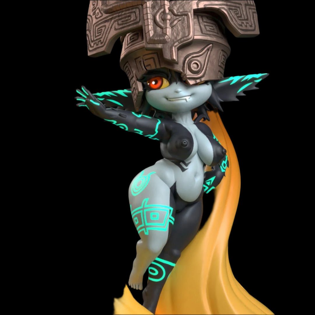 Imp girl posed with one arm outstretched, adorned in glowing turquoise body markings and wearing an ornate stone helm. Displaying exaggerated proportions and confident posture.
