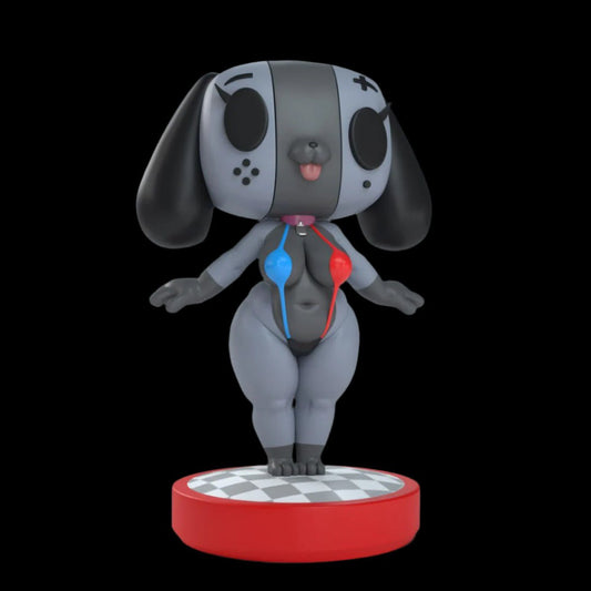 Anthro dog girl figure with gamepad-inspired face, wearing a novelty red and blue micro bikini. Standing on red base with tiled checker platform