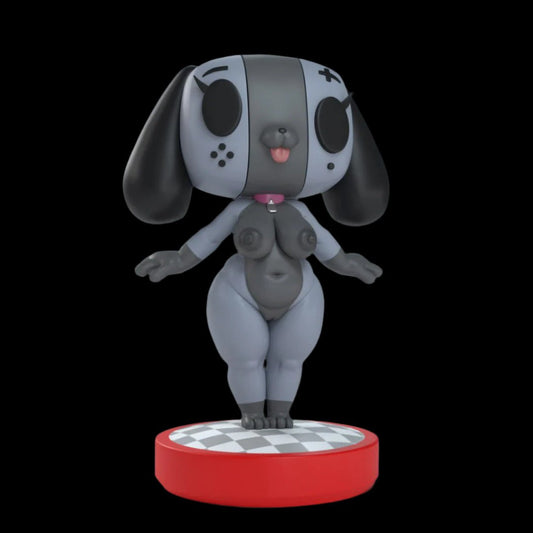 Exaggerated anthro dog girl figure with gamepad-style face design, fully nude with stylised pose and playful tongue out. Mounted on red base with tiled platform.