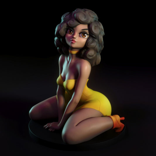 Full-body pinup-style resin figure kneeling on base, wearing yellow mini dress and orange heels. Boutique display collectible with stylised curves and bold posture.