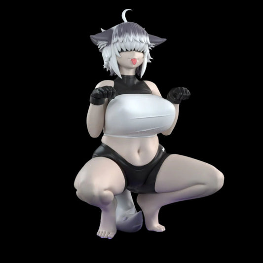Anthro furbaby figure crouched in a playful pet pose, tongue out with hands raised, wearing a cropped sports-style top and shorts. Solid resin collectible with stylised proportions and character charm.