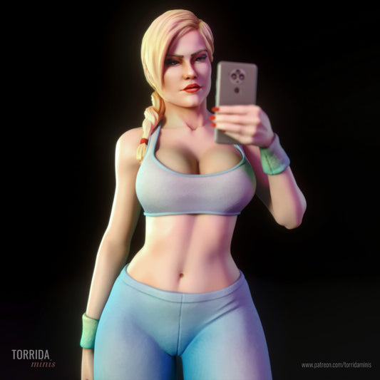 Close-up of stylised fitness mini with blonde braided hair and sculpted abs. Focus on facial details and upper torso, including fitted sports bra and armbands. Boutique 1/10 scale resin figure ideal for custom painting or display.