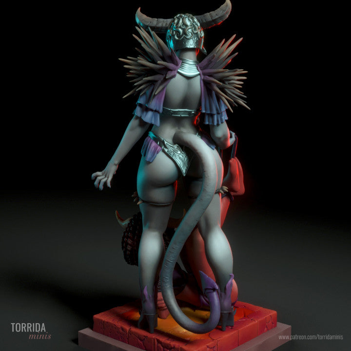 Rear view of demon domme figure featuring exaggerated tail, ornate hair detail, and spiked shoulder accents. Secondary figure reclines below, creating layered dimension. Solid fantasy art piece ideal for collectors and painters seeking high-end sculpt presentation.
