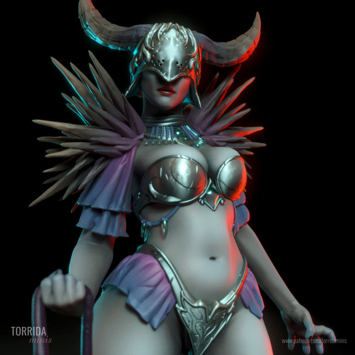 Close-up of lead figure’s upper torso and mask. Features include intricate helmet detail, jewel-lined collar, and sculpted metallic bra. Strong posture and stylised features make it a standout centrepiece for boutique collectors.