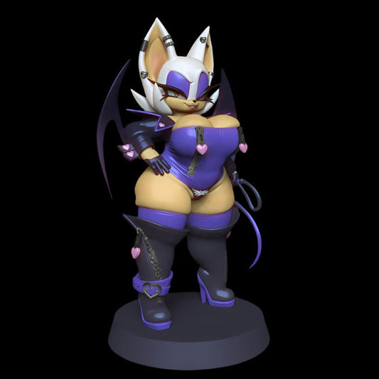 Anthro bat-inspired resin figure posed with hands on hips, wearing a tight corset-style outfit with heart buckles, high boots, and wings flared. Stylised adult character with confident expression and villainous charm.