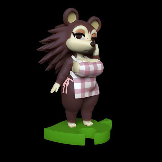 Anthro hedgehog figure posed with one hand on cheek, wearing a pink gingham apron over a full-figured build. Solid resin display statue with soft expression, mature body type, and unique stylised charm.