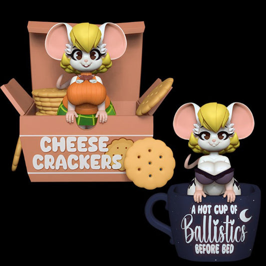 Anthro mouse collectible posed in themed miniatures—one inside a cheese cracker box with pumpkin-style top, the other sitting in a navy mug labeled “A Hot Cup of Ballistics Before Bed.” Whimsical, stylised resin figure duo with oversized ears and playful charm, ideal for boutique display.
