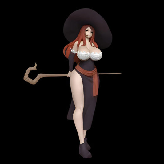Elegant resin witch figure with long red hair, oversized black hat, and deep side-slit gown revealing thigh and curve. Busty fantasy design with white lace corset, staff in hand, and flowing sash detail. Boutique-ready adult display piece for collectors of magical and pinup-inspired statues.