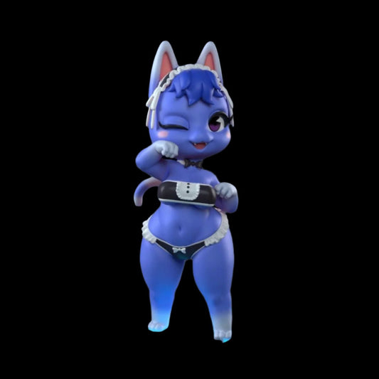 ChatGPT said:
Here’s the alt-text for the figure:

Alt-text:
Chibi-style catgirl collectible figure in a maid-themed outfit, posed with one hand raised in a playful paw gesture. Features vibrant purple-blue fur, large upright ears, and frilled accessories. Solid resin display piece with compact scale and pinup charm.