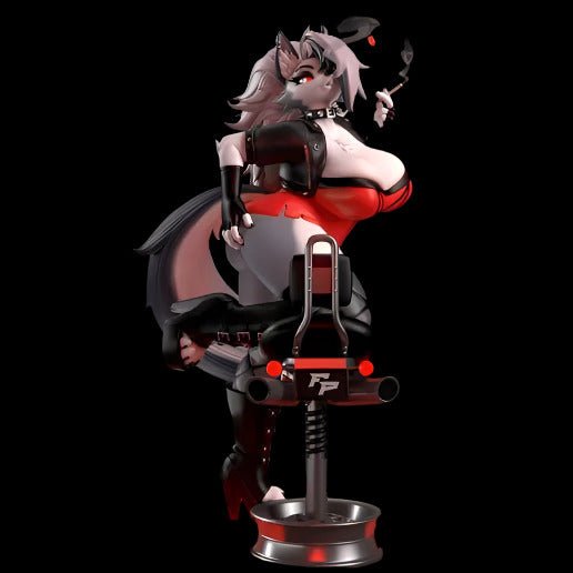 Stylised anthro wolf girl posed atop a metallic barstool, holding a cigarette with a confident smirk. Solid resin display sculpture featuring a leather-and-latex inspired outfit in red and black, with long flowing hair and spiked accessories.