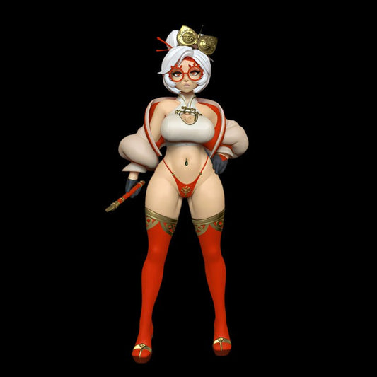 Fantasy character resin figure posed confidently with staff and glasses, wearing red and gold thigh-highs and an ornate split-sleeve outfit.