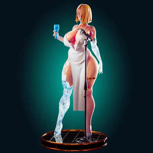 Statue of a woman in a white outfit holding a glass, on a dark green background