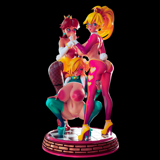 High-detail resin statue featuring a trio of stylised fantasy royalty in exaggerated pinup pose. One character kneels front-facing in a star-themed bodysuit with dramatic curves, while the other two stand behind in crown-accented outfits, posed with intimacy and bold expressions. Premium adult collectible figure with vivid colour palette and ornate display base.