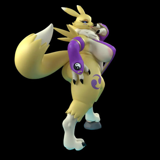 Stylised yellow fox-dragon hybrid collectible in dramatic over-shoulder pose, with flowing tail, yin-yang sleeves, and sharp hip markings. 