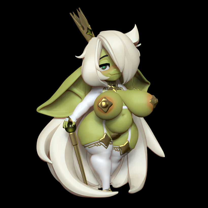 Compact fantasy queen resin figure with chibi proportions, lime-green skin, and oversized crown. Character features long flowing white hair, draped cape, and regal staff. Decorative golden elements accent the form-fitting outfit.