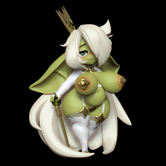 Compact fantasy queen resin figure with chibi proportions, lime-green skin, and oversized crown. Character features long flowing white hair, draped cape, and regal staff. Decorative golden elements accent the form-fitting outfit.