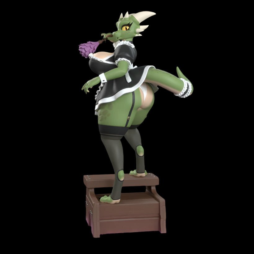 Anthro dragon maid figure posed with one leg lifted, tail curled, and flower held in mouth. Wearing frilled black maid outfit with stockings and garters. Displayed on a wooden step prop. Solid resin pinup statue with exaggerated curves and confident posture.
