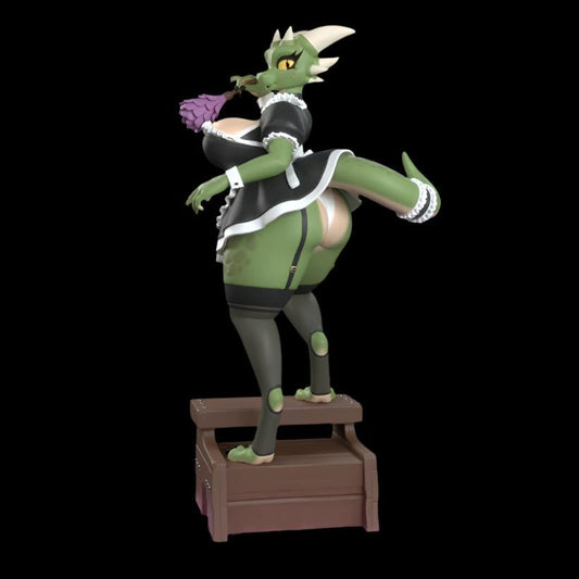 Anthro dragon maid figure posed with one leg lifted, tail curled, and flower held in mouth. Wearing frilled black maid outfit with stockings and garters. Displayed on a wooden step prop. Solid resin pinup statue with exaggerated curves and confident posture.