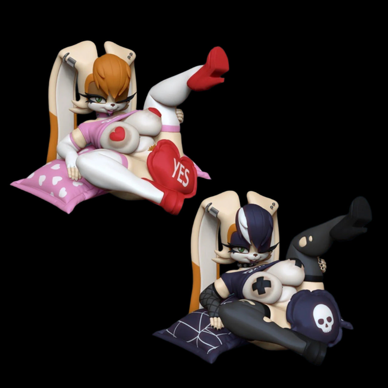 ChatGPT said:
Here’s the alt-image text for the comparison shot of the Softelle variants:

Alt Image Text:
Side-by-side image of two reclining anthro bunny resin figures on themed cushions. One wears a pink heart lingerie set with "YES" heart prop and pastel pillow; the other features a gothic punk variant with skull pillow, dark tape detailing, and torn stockings.